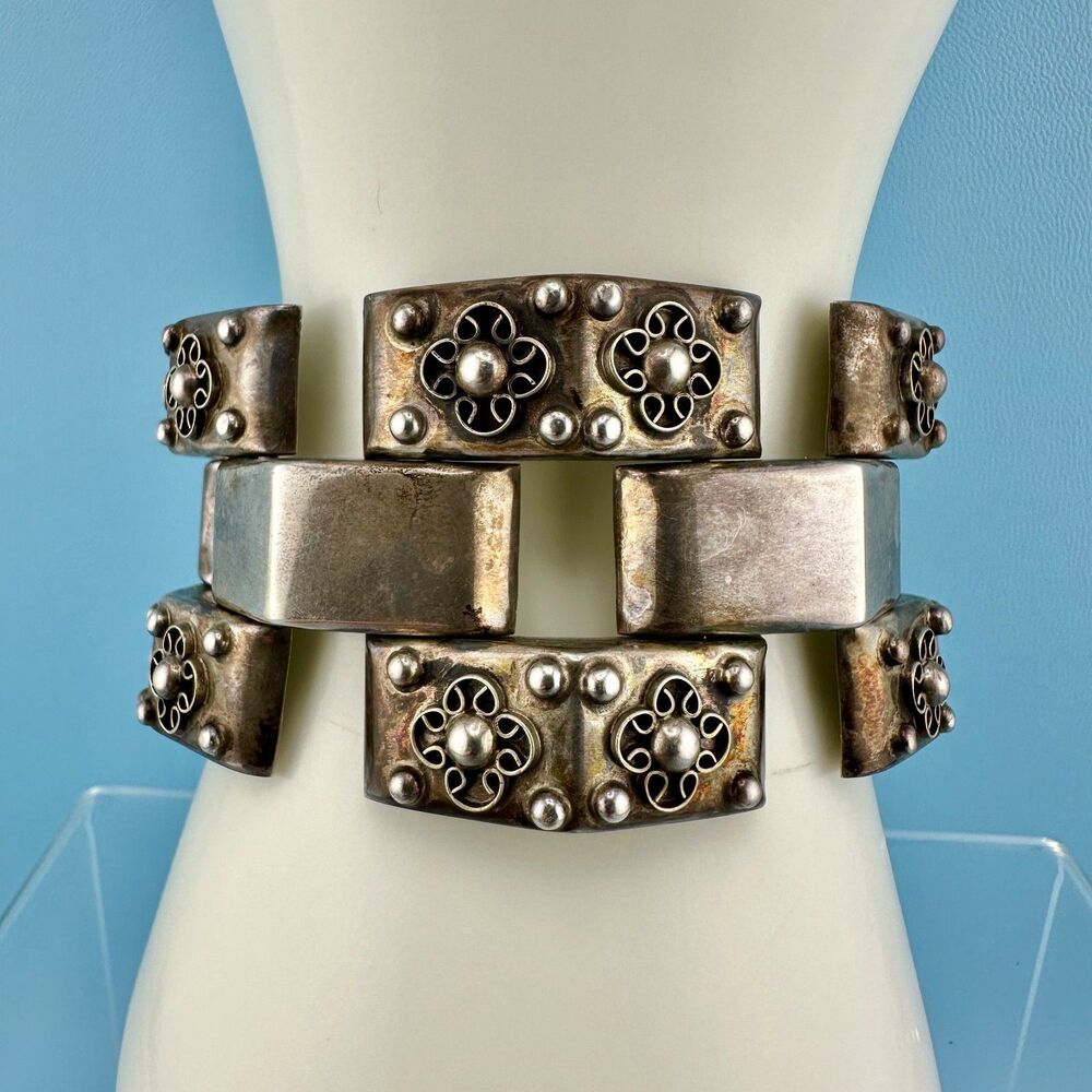 Vintage Sterling Silver Bracelet 925 JFG GUAD Mexico Hollow Articulated Chunky